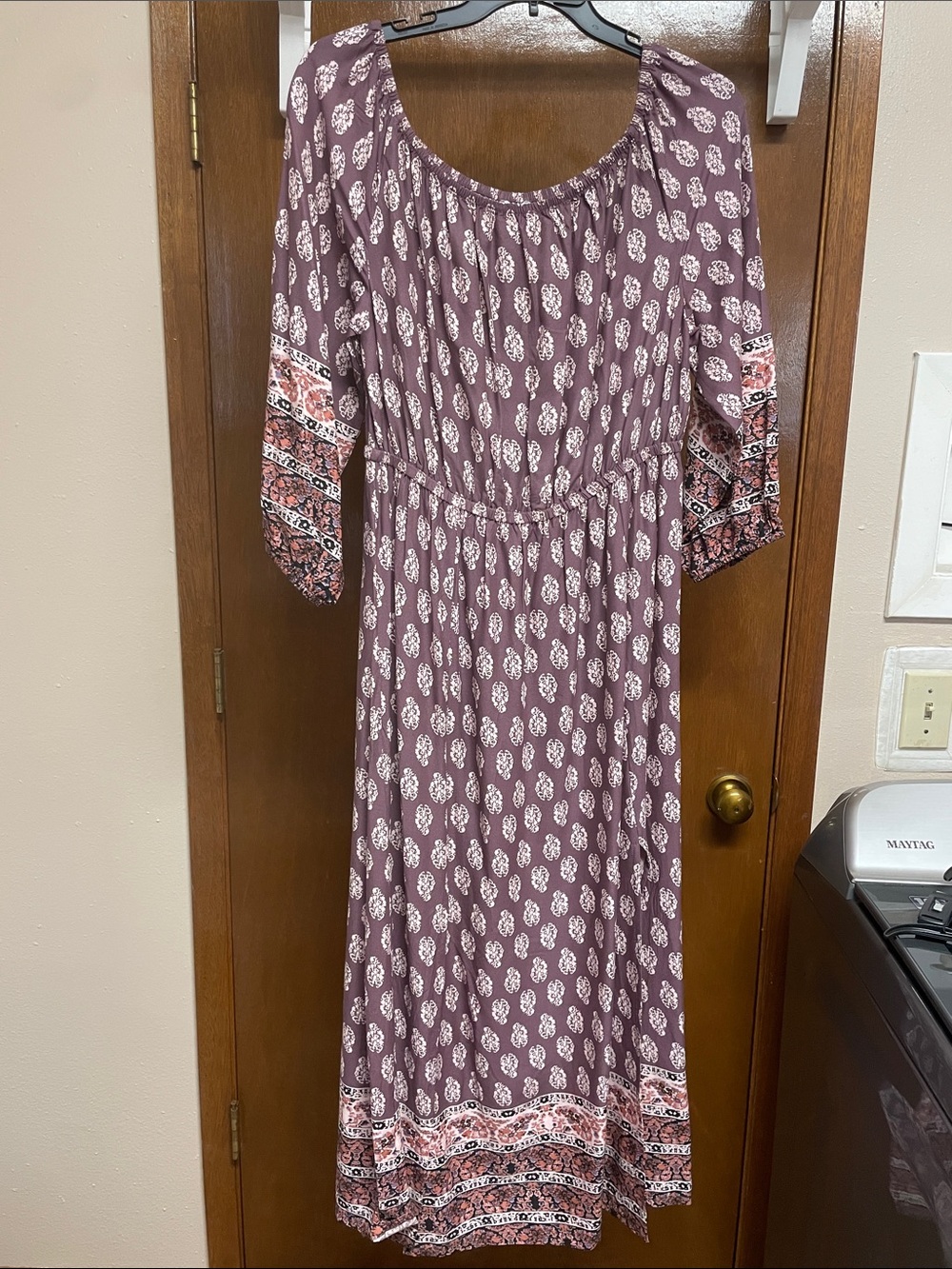 Women's Purple Printed Boho Maxi Dress with Patterned Sleeves